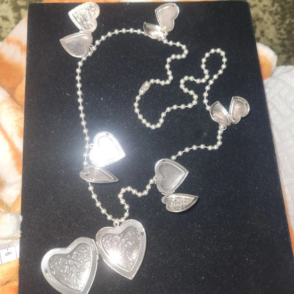 Silver Tone Heart Locket Charm‎ Necklace Beaded Chain Love Rose Engraved